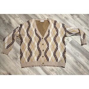 Sweet Republic 3X Cardigan Sweater Argyle‎ Pattern Brown Beige Gold Button Front
